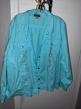 Rhinestone Accent Turquoise Jean Jacket - Women's